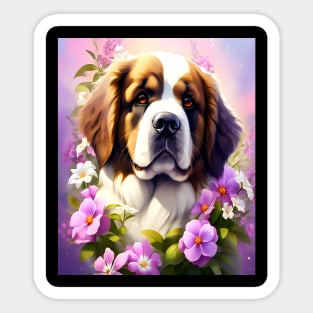 Saint Bernard Dog Surrounded by Beautiful Spring Flowers Sticker